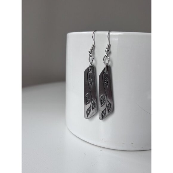 Handmade Upcycled Silverware Leaf Print Earrings: Stainless Steel Drop Earrings - Picture 3 of 5